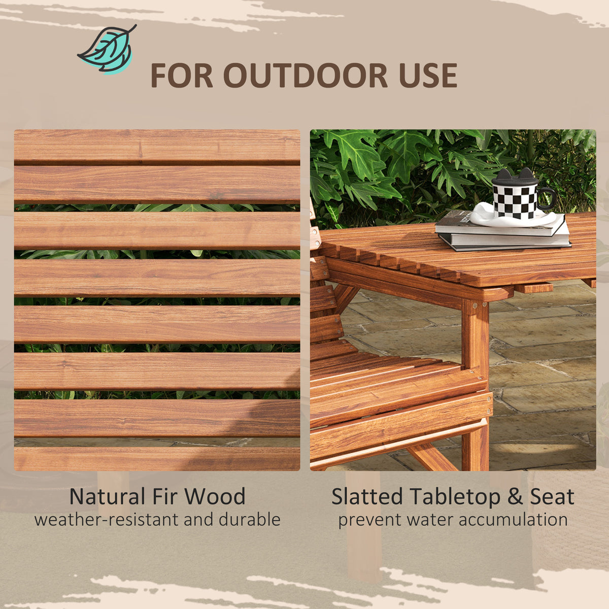 Outdoor Fir Wood Bench Set with Table - Tan Brown 2-Seat-Outdoor Benches-DECOROLALA
