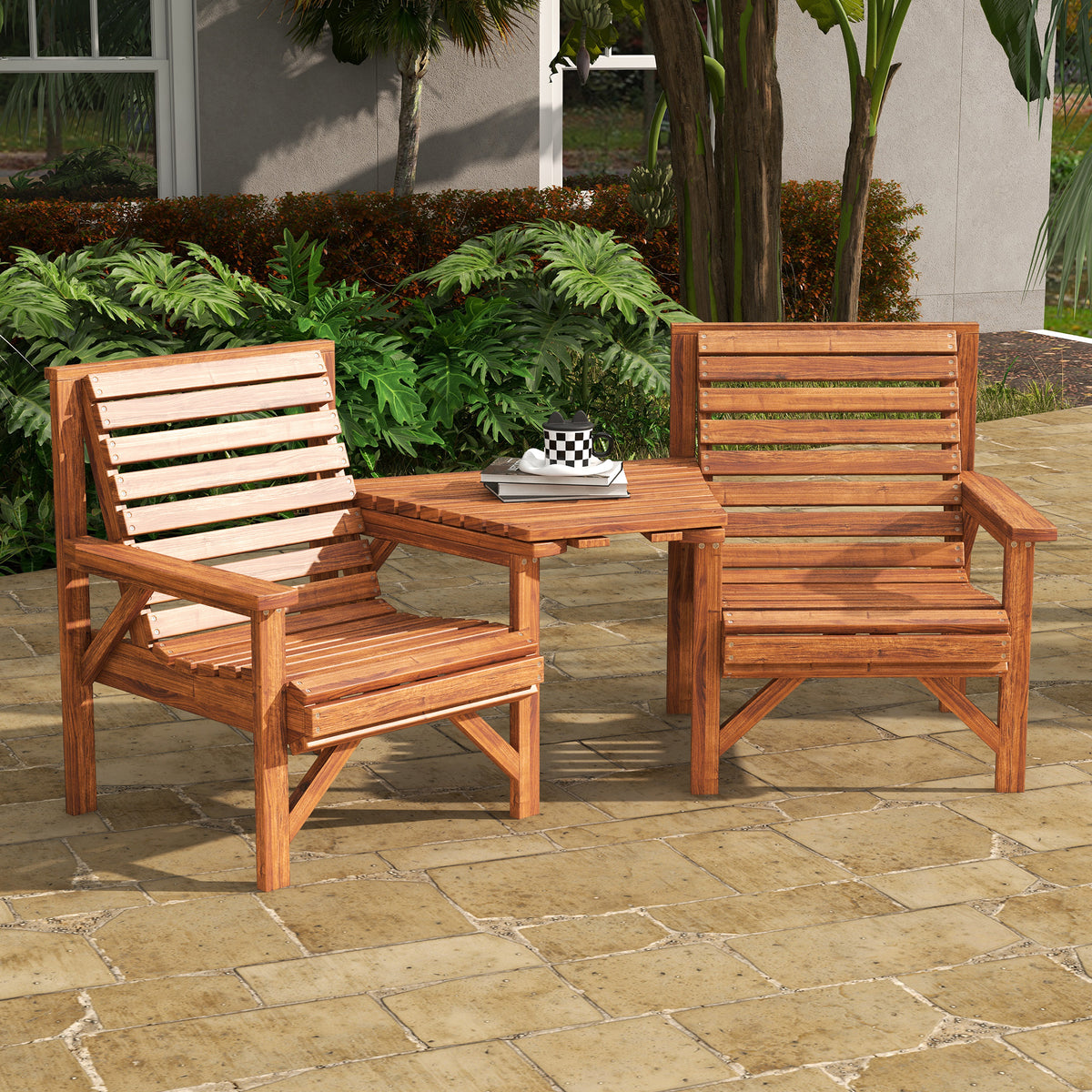 Outdoor Fir Wood Bench Set with Table - Tan Brown 2-Seat-Outdoor Benches-DECOROLALA