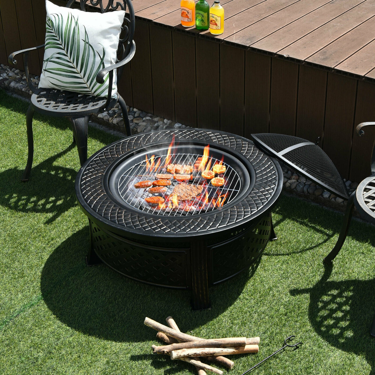 Outdoor Fire Pit with BBQ Grill and High-temp Resistance Finish-Fire Pits-DECOROLALA