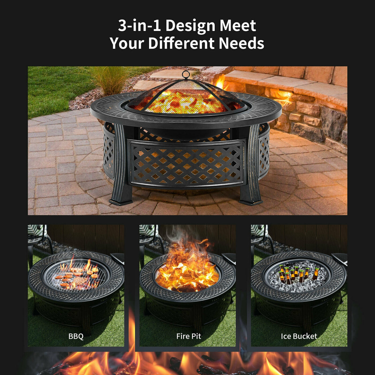 Outdoor Fire Pit with BBQ Grill and High-temp Resistance Finish-Fire Pits-DECOROLALA