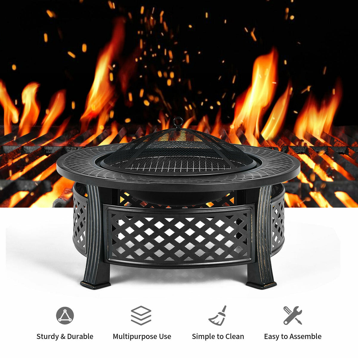 Outdoor Fire Pit with BBQ Grill and High-temp Resistance Finish-Fire Pits-DECOROLALA