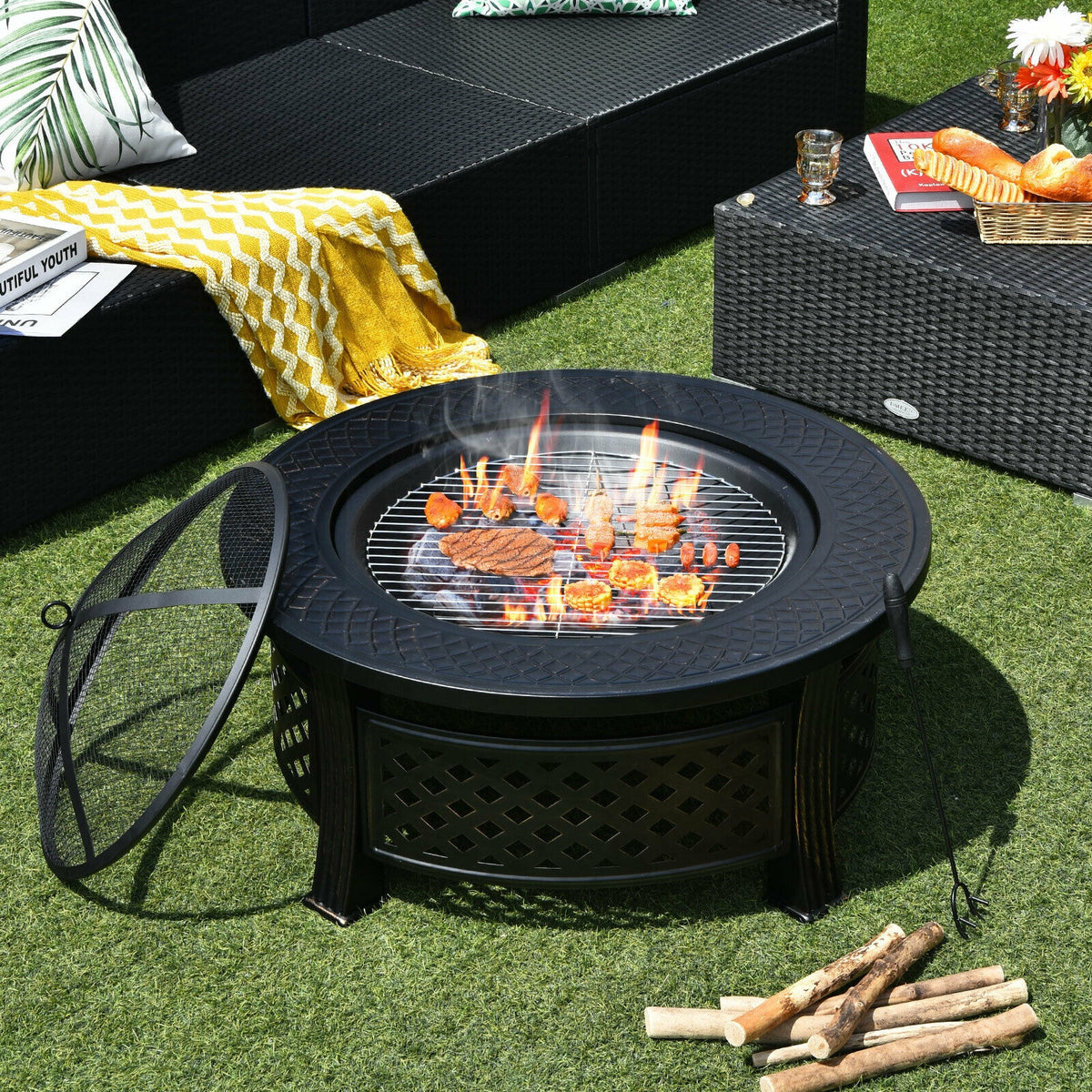 Outdoor Fire Pit with BBQ Grill and High-temp Resistance Finish-Fire Pits-DECOROLALA