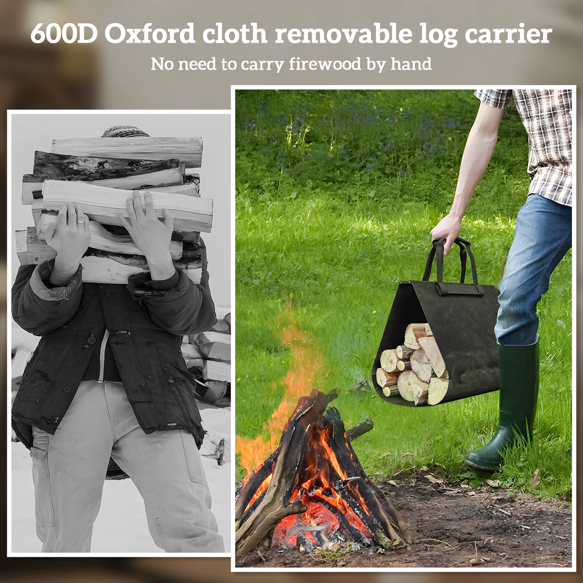 Outdoor Firewood Rack with Log Carrier - Black Steel-Firewood Racks-DECOROLALA