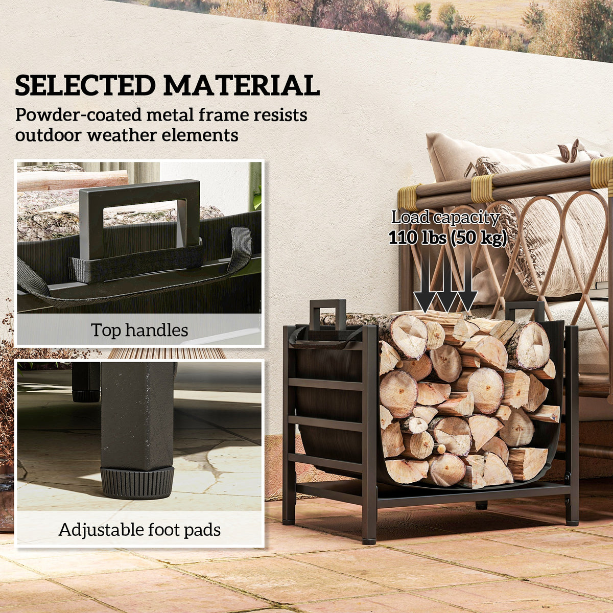 Outdoor Firewood Rack with Log Carrier - Black Steel-Firewood Racks-DECOROLALA