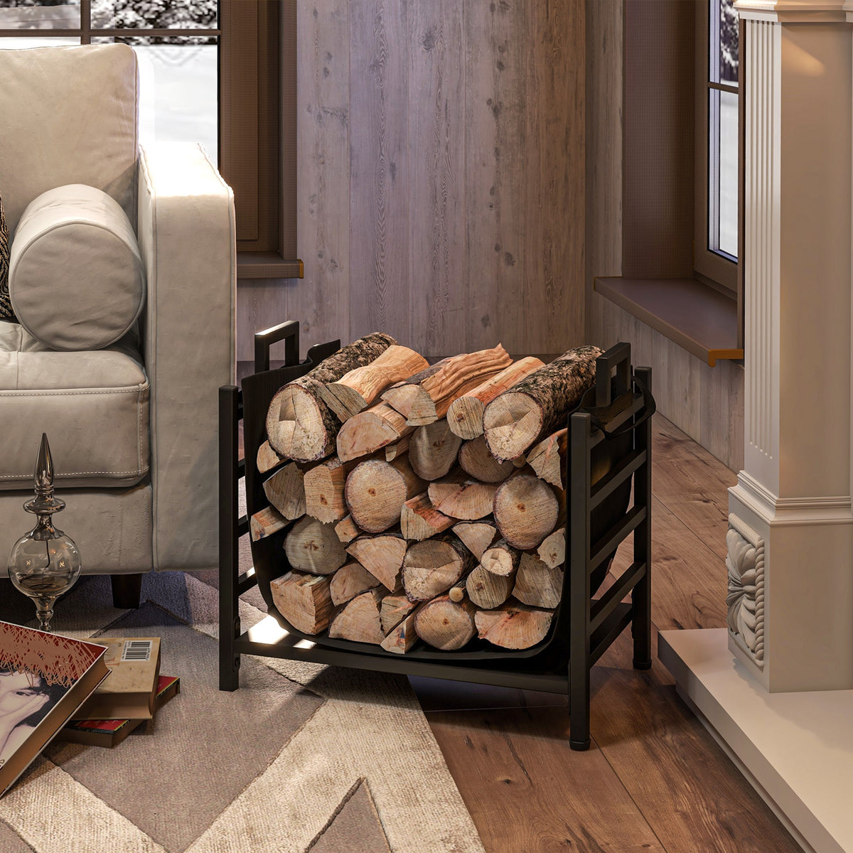 Outdoor Firewood Rack with Log Carrier - Black Steel-Firewood Racks-DECOROLALA