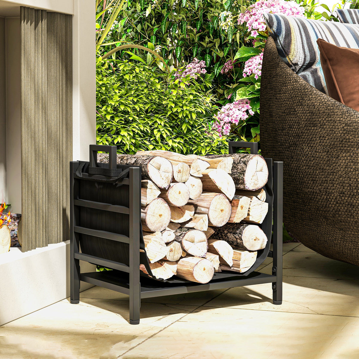 Outdoor Firewood Rack with Log Carrier - Black Steel-Firewood Racks-DECOROLALA