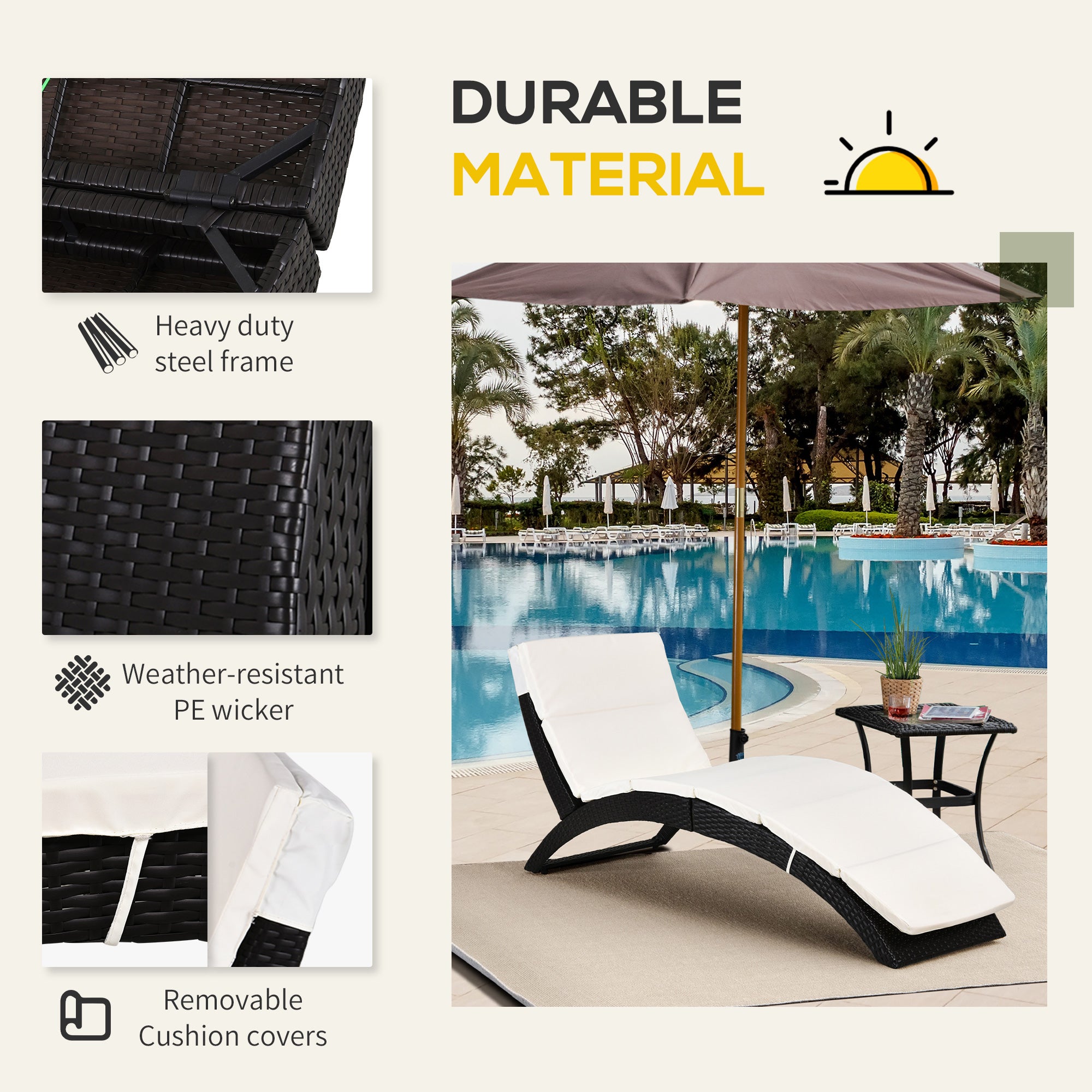 Outdoor Foldable Chaise Lounger Rattan Recliner Beige with Cushion-DECOROLALA