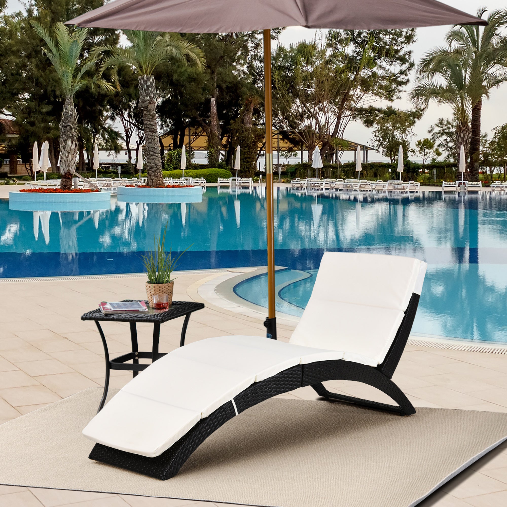 Outdoor Foldable Chaise Lounger Rattan Recliner Beige with Cushion-DECOROLALA