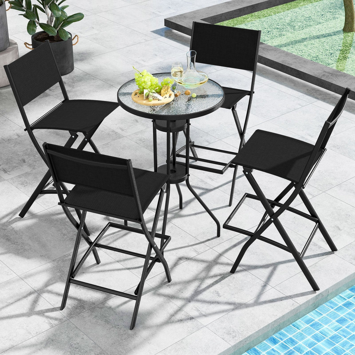 Outdoor Folding Bar Height Stool Set of 4 with Metal Frame and Footrest-Black-Outdoor Bar Furniture-DECOROLALA
