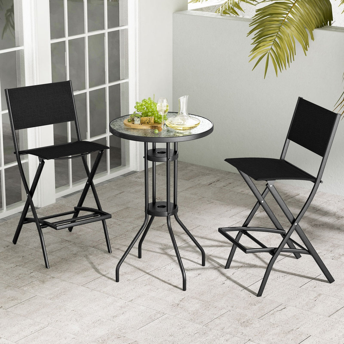 Outdoor Folding Bar Height Stool Set of 4 with Metal Frame and Footrest-Black-Outdoor Bar Furniture-DECOROLALA