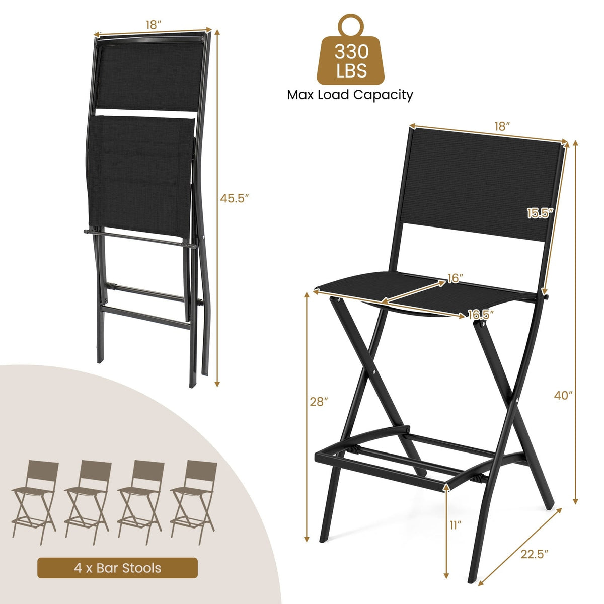 Outdoor Folding Bar Height Stool Set of 4 with Metal Frame and Footrest-Black-Outdoor Bar Furniture-DECOROLALA