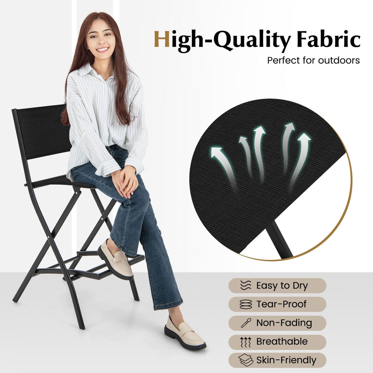Outdoor Folding Bar Height Stool Set of 4 with Metal Frame and Footrest-Black-Outdoor Bar Furniture-DECOROLALA