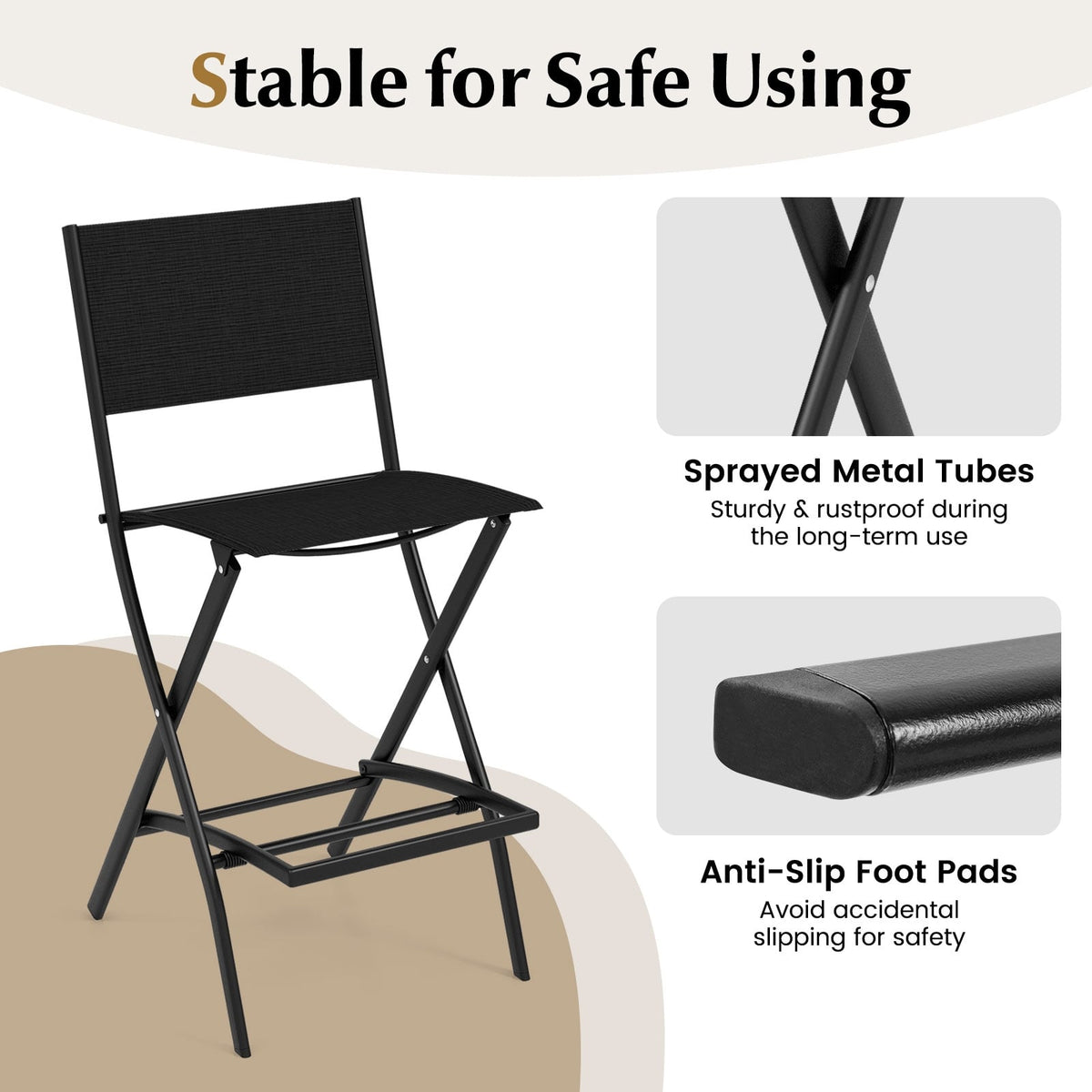 Outdoor Folding Bar Height Stool Set of 4 with Metal Frame and Footrest-Black-Outdoor Bar Furniture-DECOROLALA