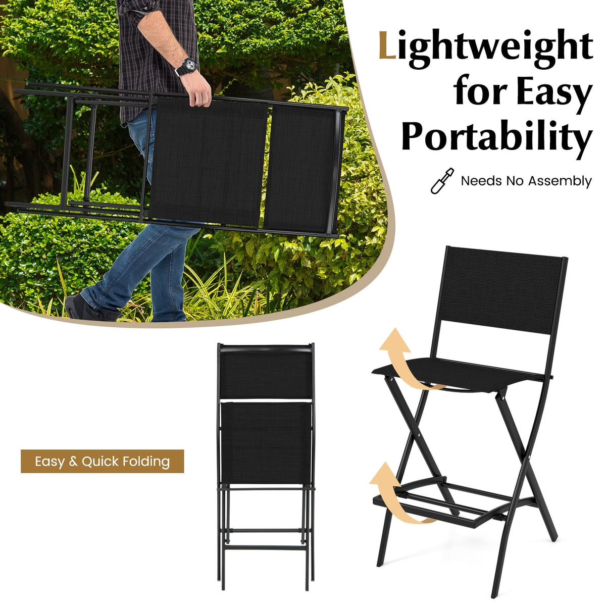 Outdoor Folding Bar Height Stool Set of 4 with Metal Frame and Footrest-Black-Outdoor Bar Furniture-DECOROLALA