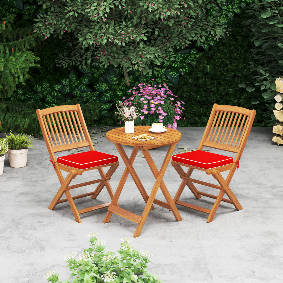 Outdoor Folding Chairs with Seat Cushions Set of 2-Red-Patio Dining Chairs-DECOROLALA