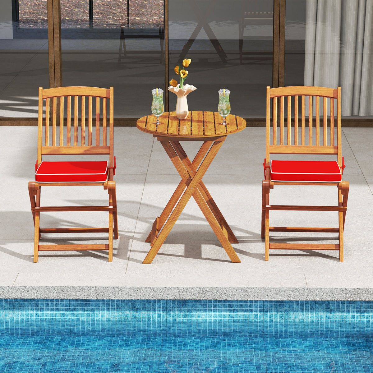 Outdoor Folding Chairs with Seat Cushions Set of 2-Red-Patio Dining Chairs-DECOROLALA