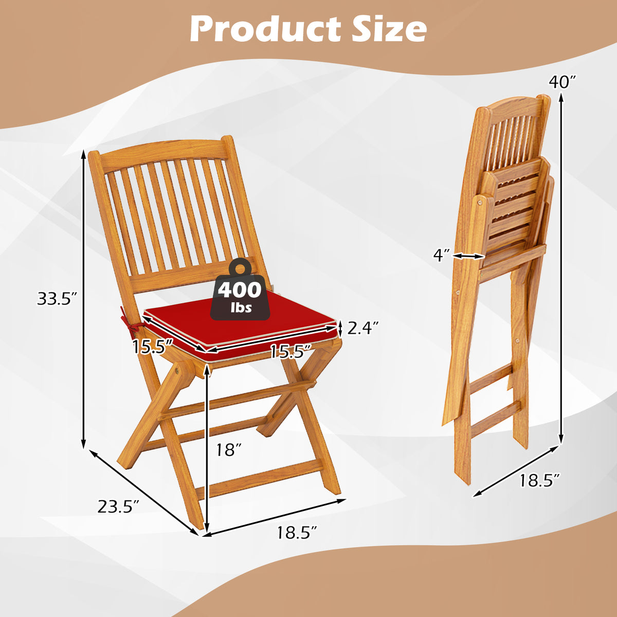 Outdoor Folding Chairs with Seat Cushions Set of 2-Red-Patio Dining Chairs-DECOROLALA