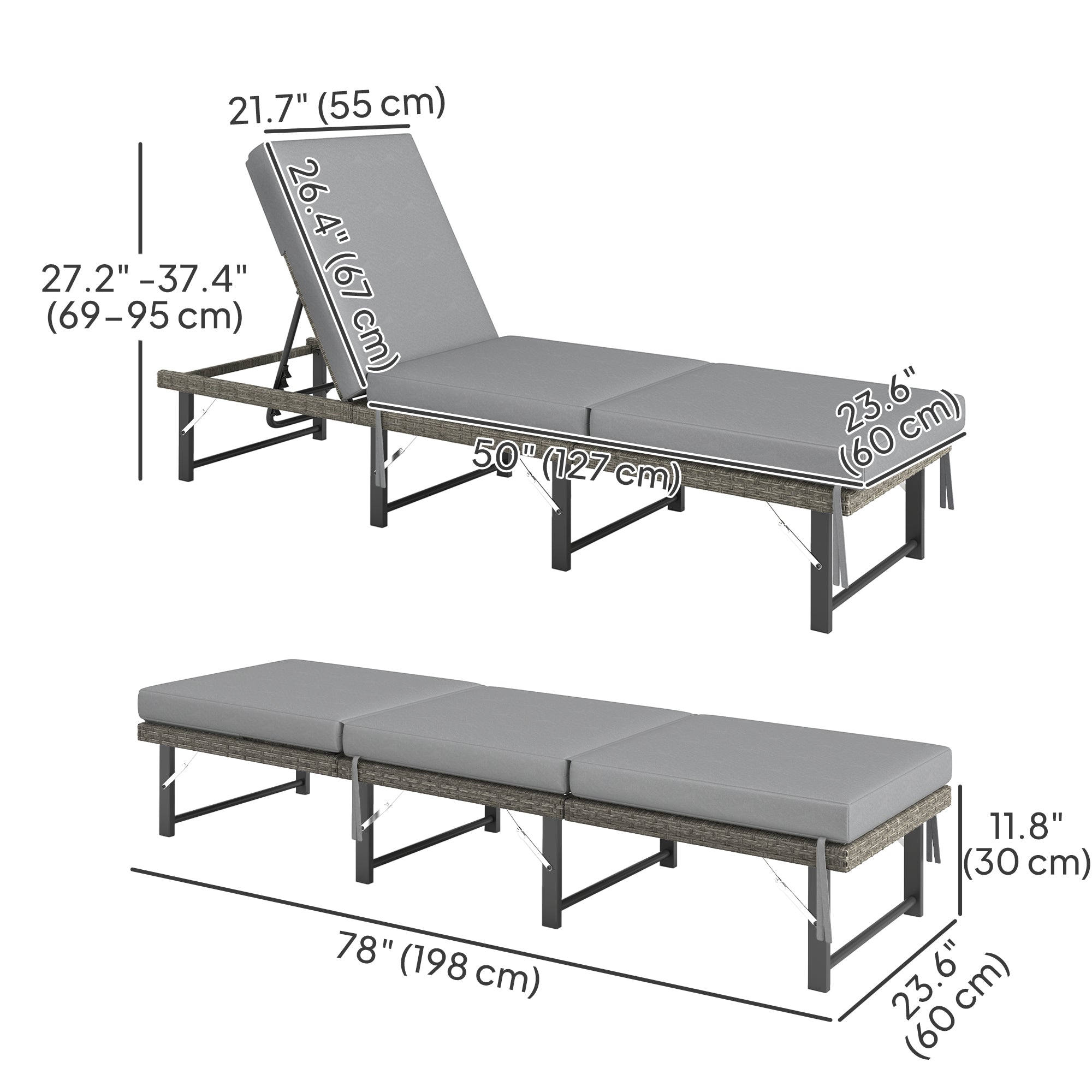 Outdoor Folding Lounge Chair, Grey Wicker Chaise, 6 Positions, Beach/Poolside/Garden-DECOROLALA