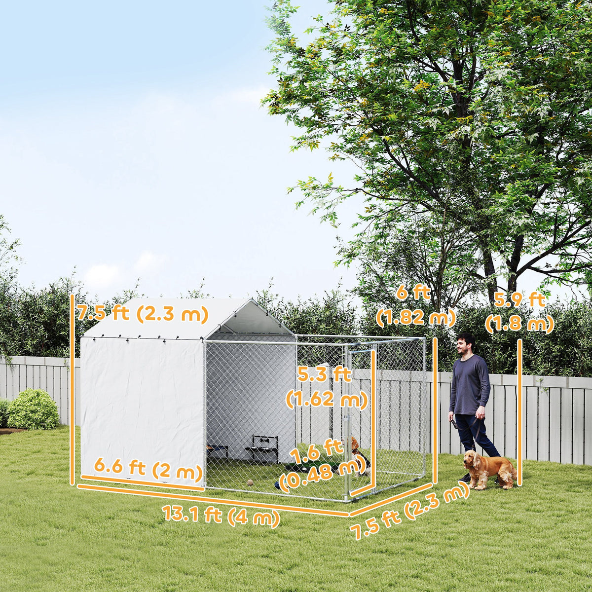 Outdoor Galvanized Steel Dog Kennel with Cover - 13.1' x 7.5' Silver-Dogs-DECOROLALA