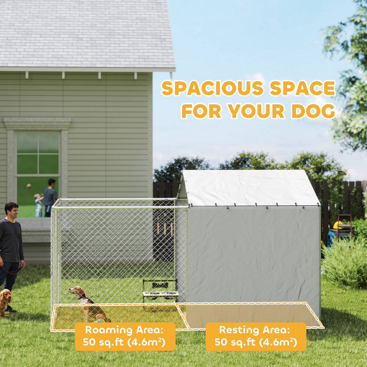 Outdoor Galvanized Steel Dog Kennel with Cover - 13.1' x 7.5' Silver-Dogs-DECOROLALA