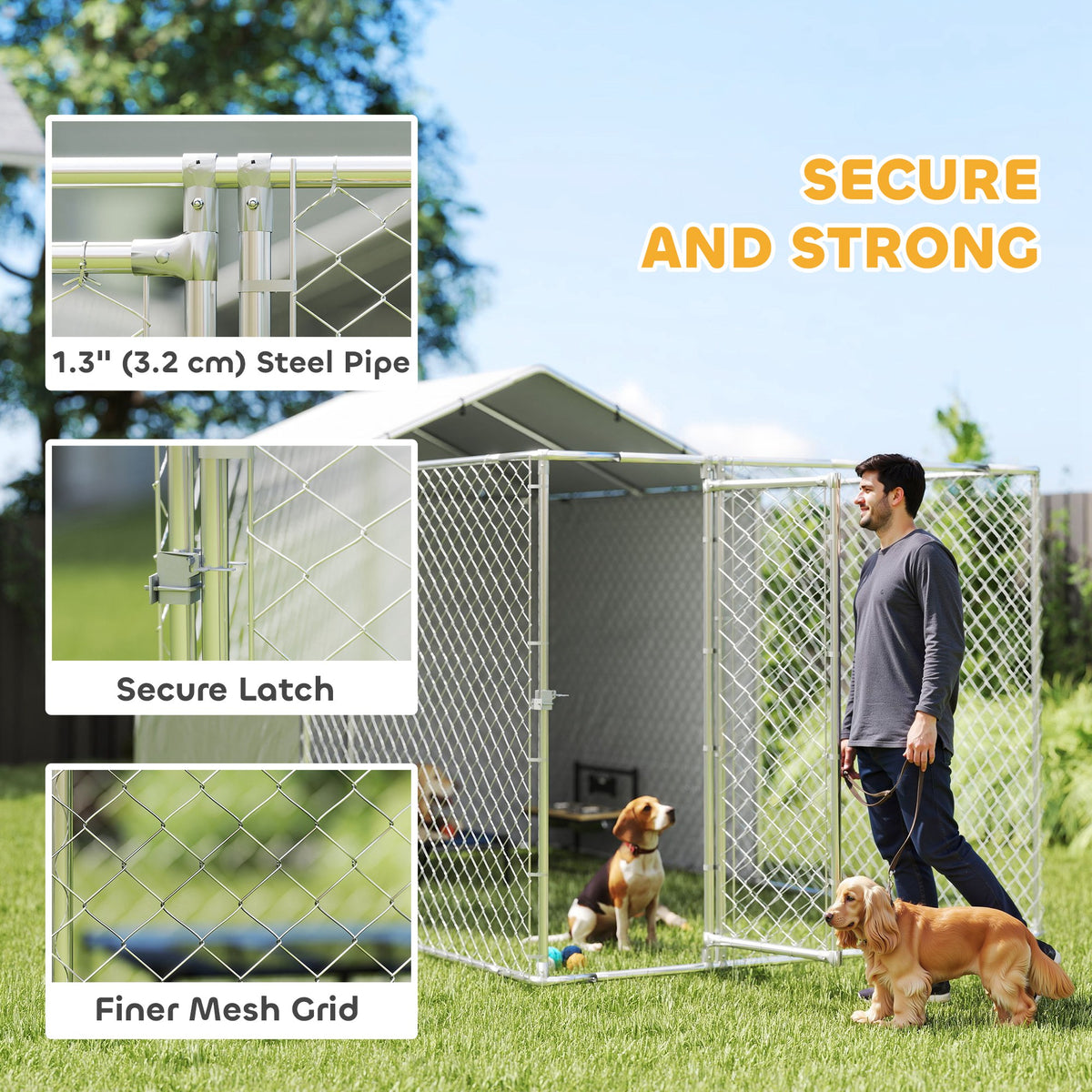 Outdoor Galvanized Steel Dog Kennel with Cover - 13.1' x 7.5' Silver-Dogs-DECOROLALA