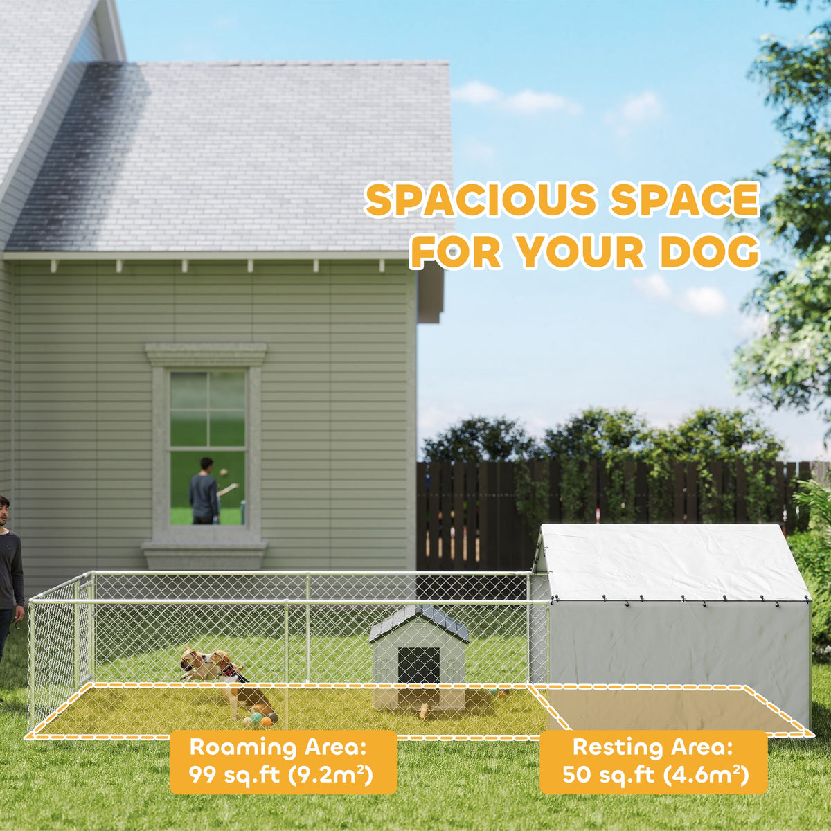 Outdoor Galvanized Steel Dog Kennel with Cover, 19.7' x 7.5' x 4.9'-Dogs-DECOROLALA