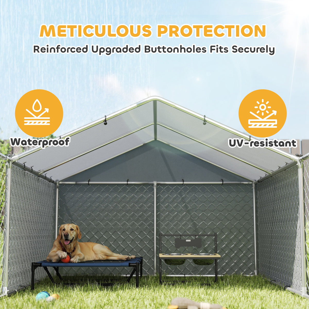 Outdoor Galvanized Steel Dog Kennel with Cover, 19.7' x 7.5' x 4.9'-Dogs-DECOROLALA