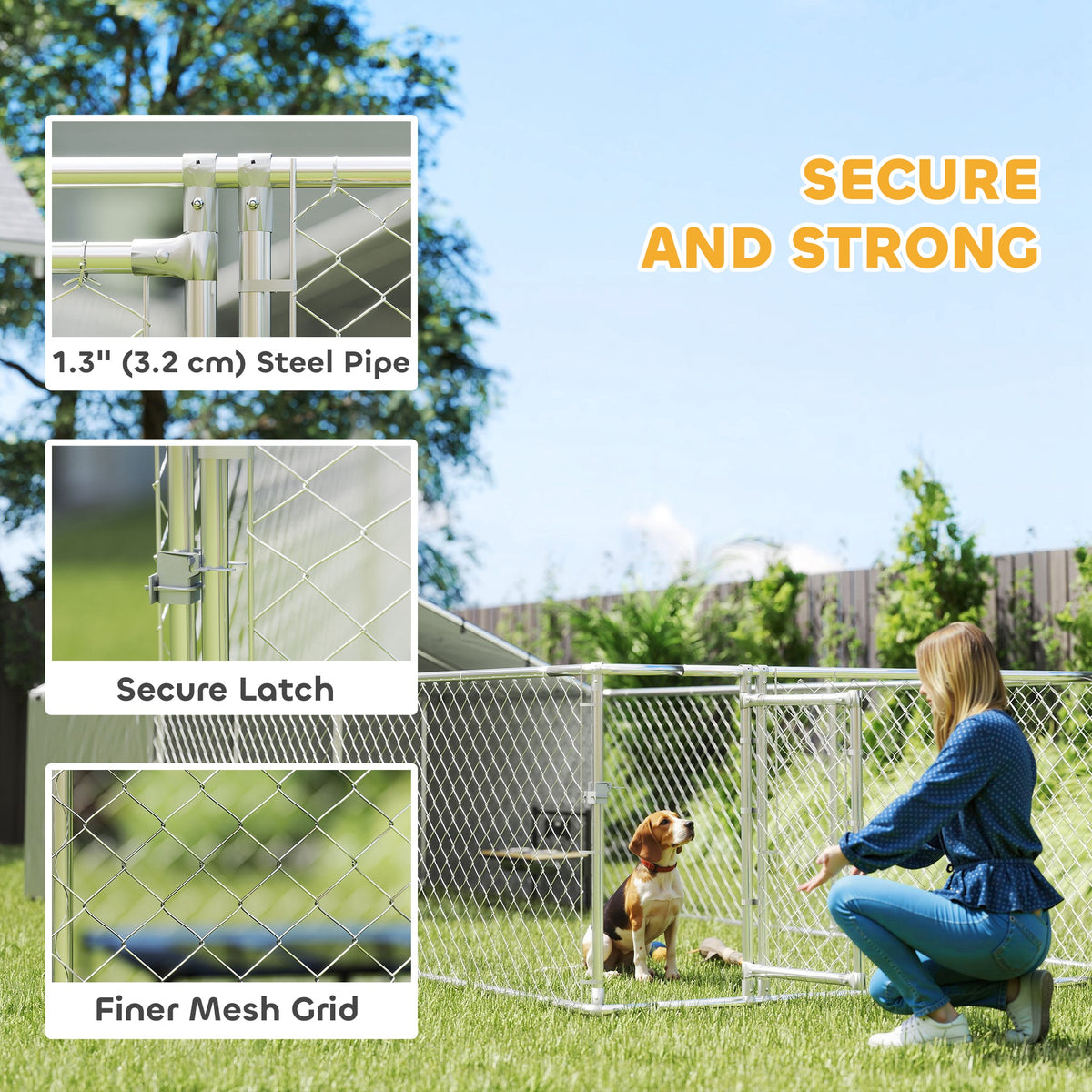 Outdoor Galvanized Steel Dog Kennel with Cover, 19.7' x 7.5' x 4.9'-Dogs-DECOROLALA