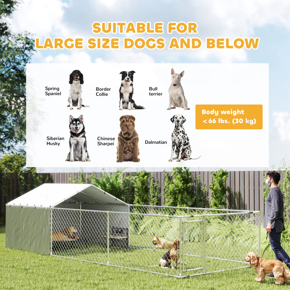 Outdoor Galvanized Steel Dog Kennel with Cover, 19.7' x 7.5' x 4.9'-Dogs-DECOROLALA