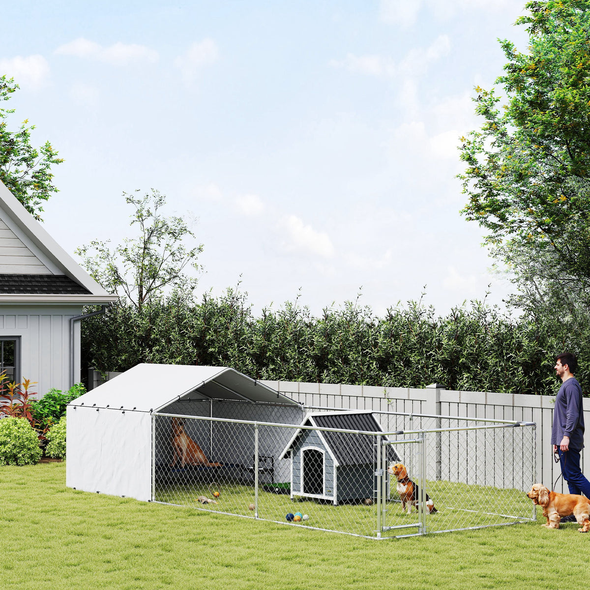 Outdoor Galvanized Steel Dog Kennel with Cover, 19.7' x 7.5' x 4.9'-Dogs-DECOROLALA