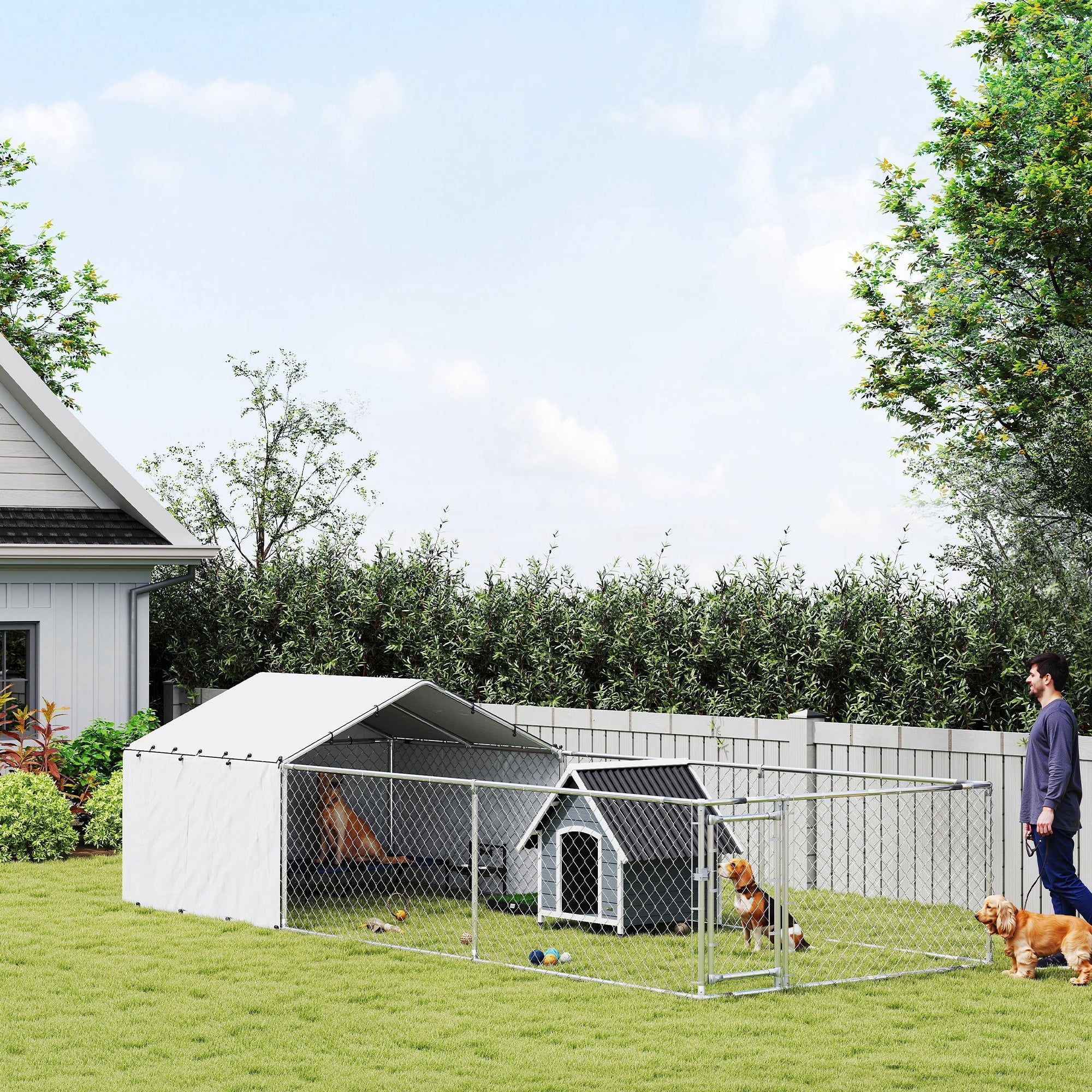 Outdoor Galvanized Steel Dog Kennel with Cover, 19.7' x 7.5' x 4.9'-Dogs-DECOROLALA