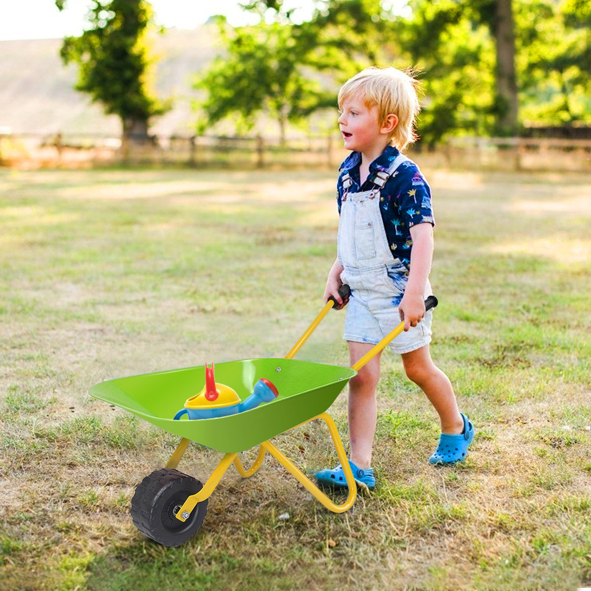 Brouette-jouet métallique pour enfants, pour le jardin et l'extérieur-Vert clair