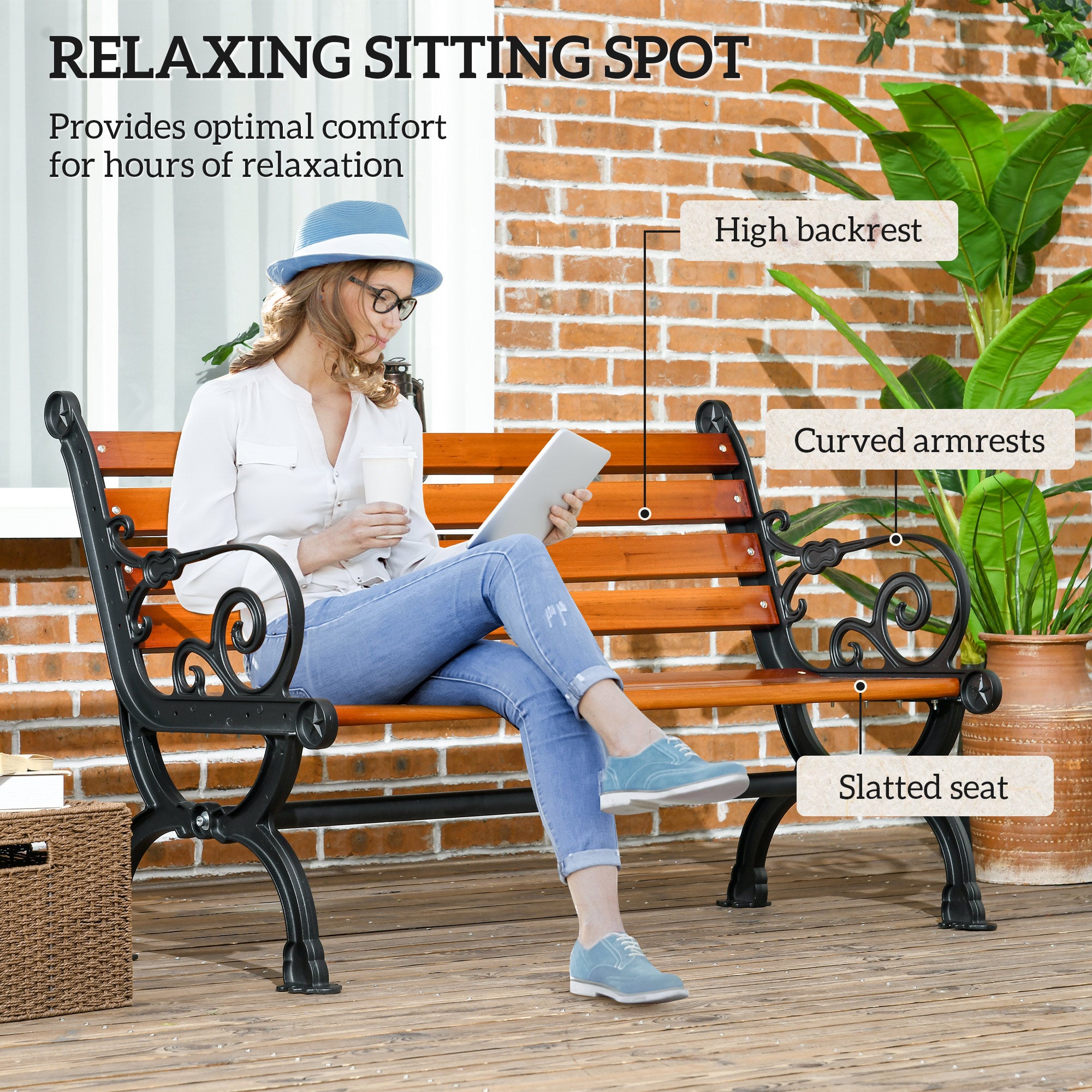 Outdoor Garden Bench, 47" Patio Loveseat Teak, 528 lbs Capacity-DECOROLALA