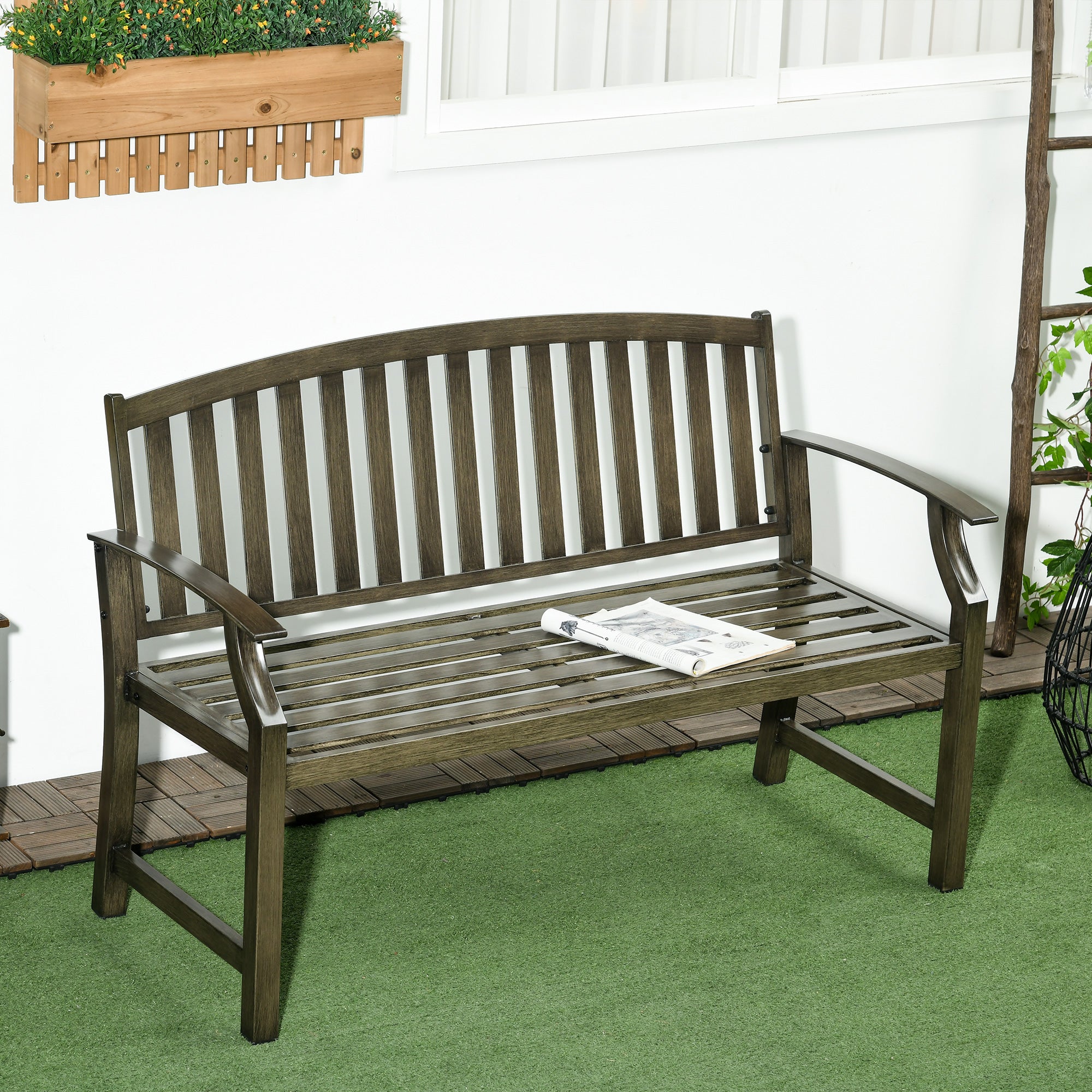Outdoor Garden Bench, Metal Slatted Black Furniture for Patio, Lawn, Deck-DECOROLALA