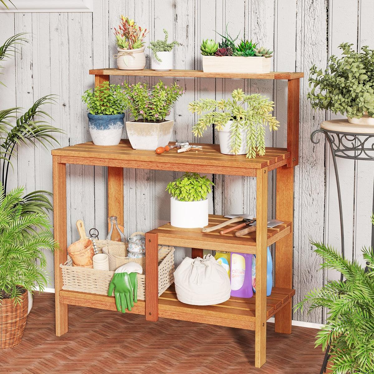 Outdoor Garden Potting Wood Planting Workstation with Open Shelves-Potting Benches & Tables-DECOROLALA