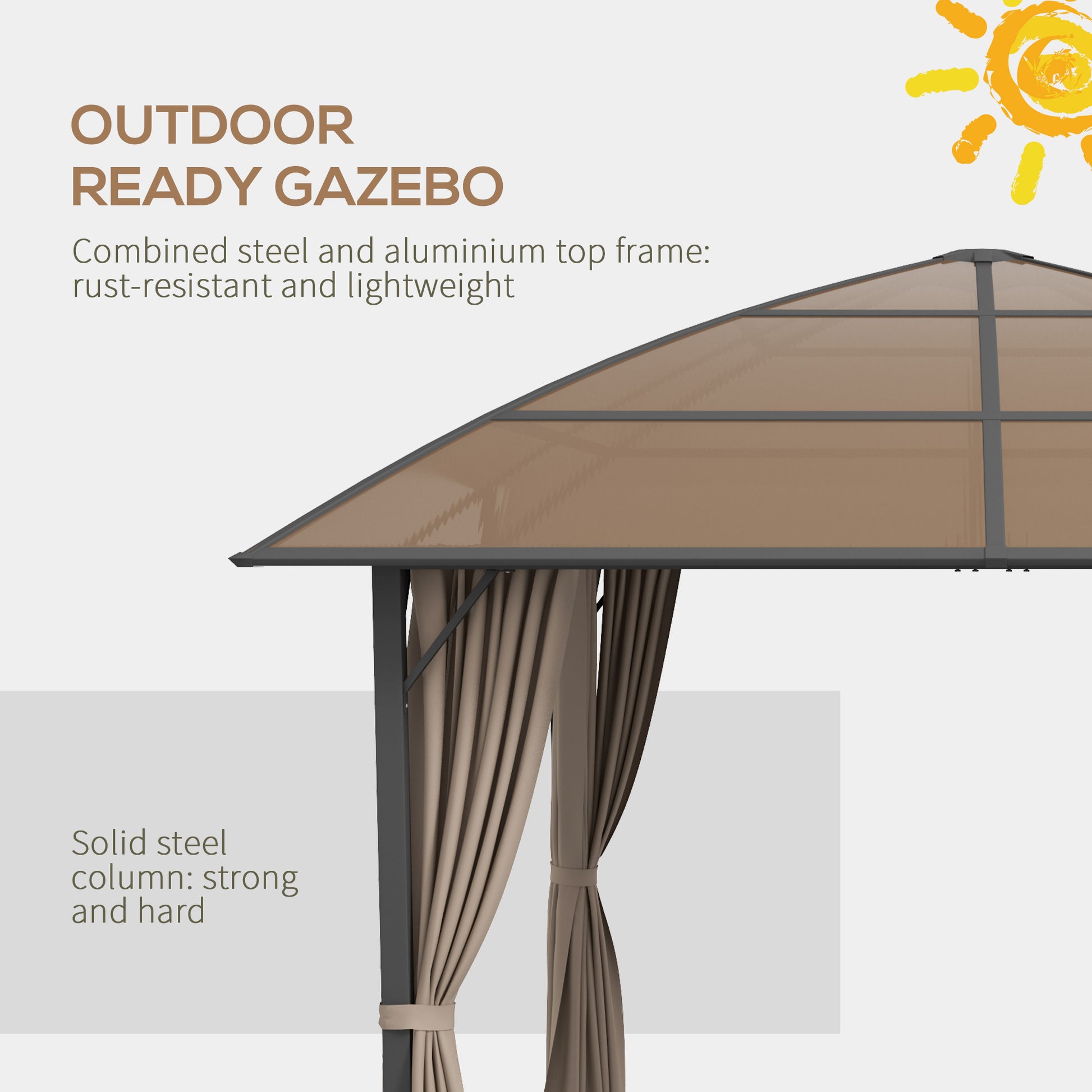 Outdoor Gazebo 10x10 ft UV60+ Poly Roof, Steel Frame, Khaki-DECOROLALA