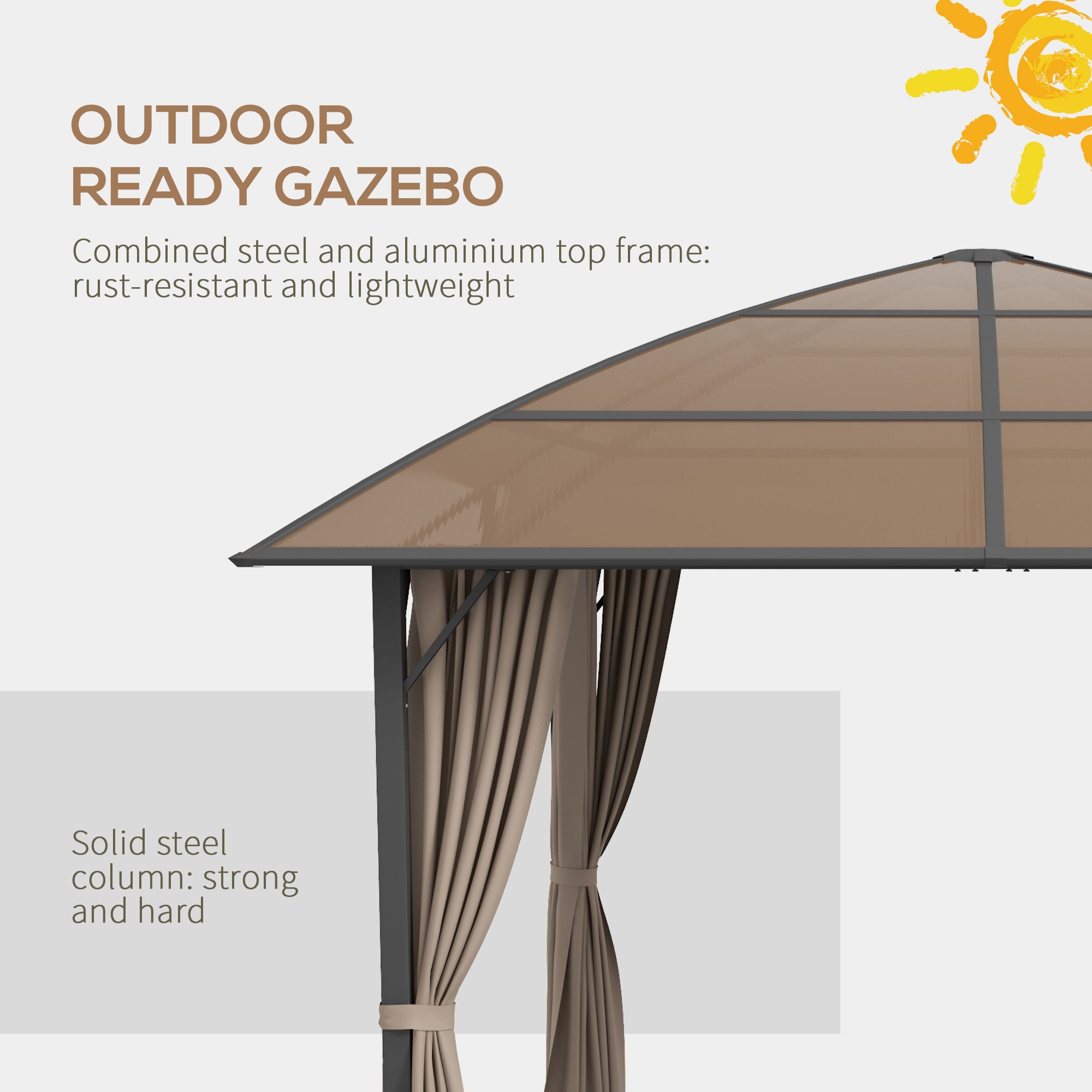 Outdoor Gazebo 10x10 ft UV60+ Poly Roof, Steel Frame, Khaki-DECOROLALA