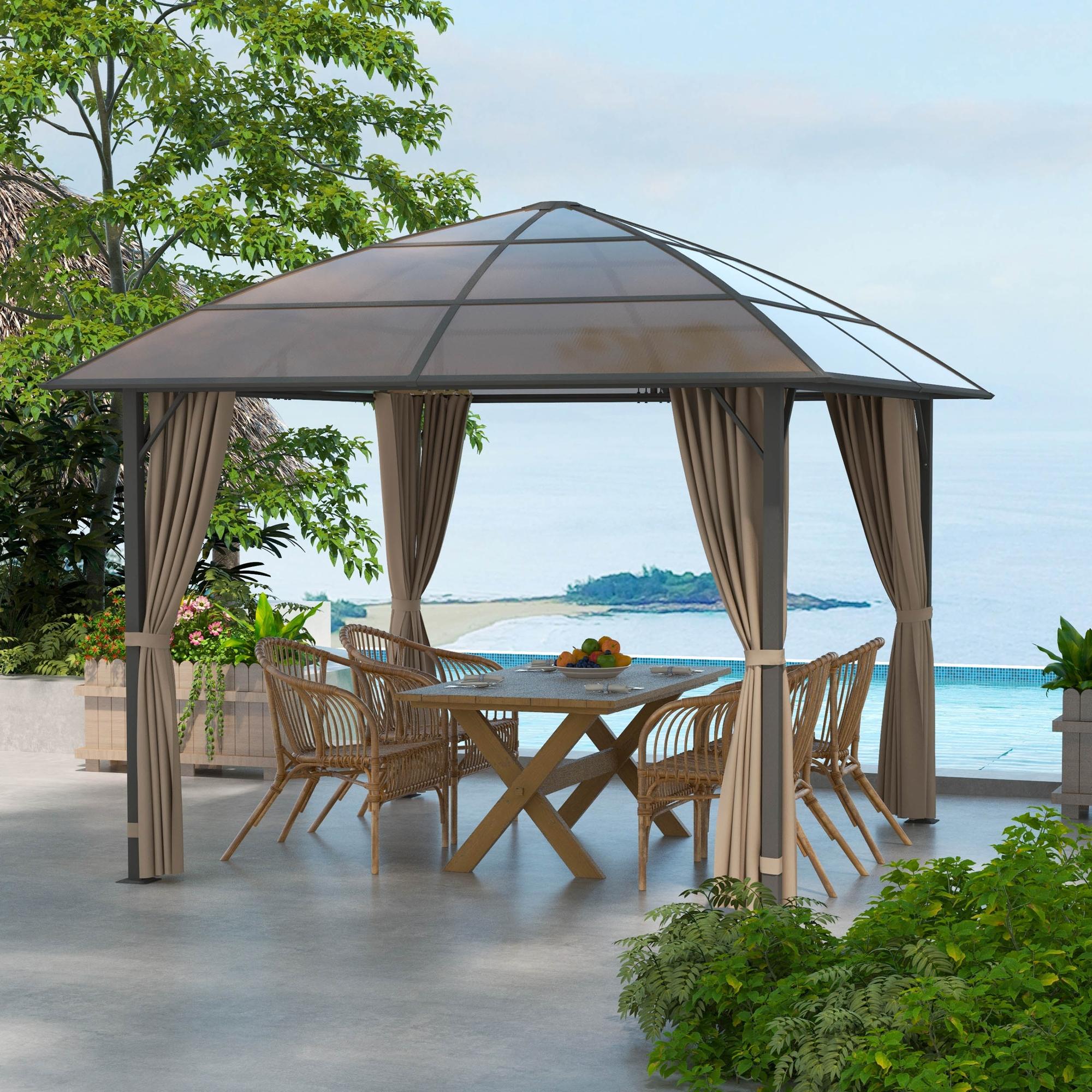 Outdoor Gazebo 10x10 ft UV60+ Poly Roof, Steel Frame, Khaki-DECOROLALA