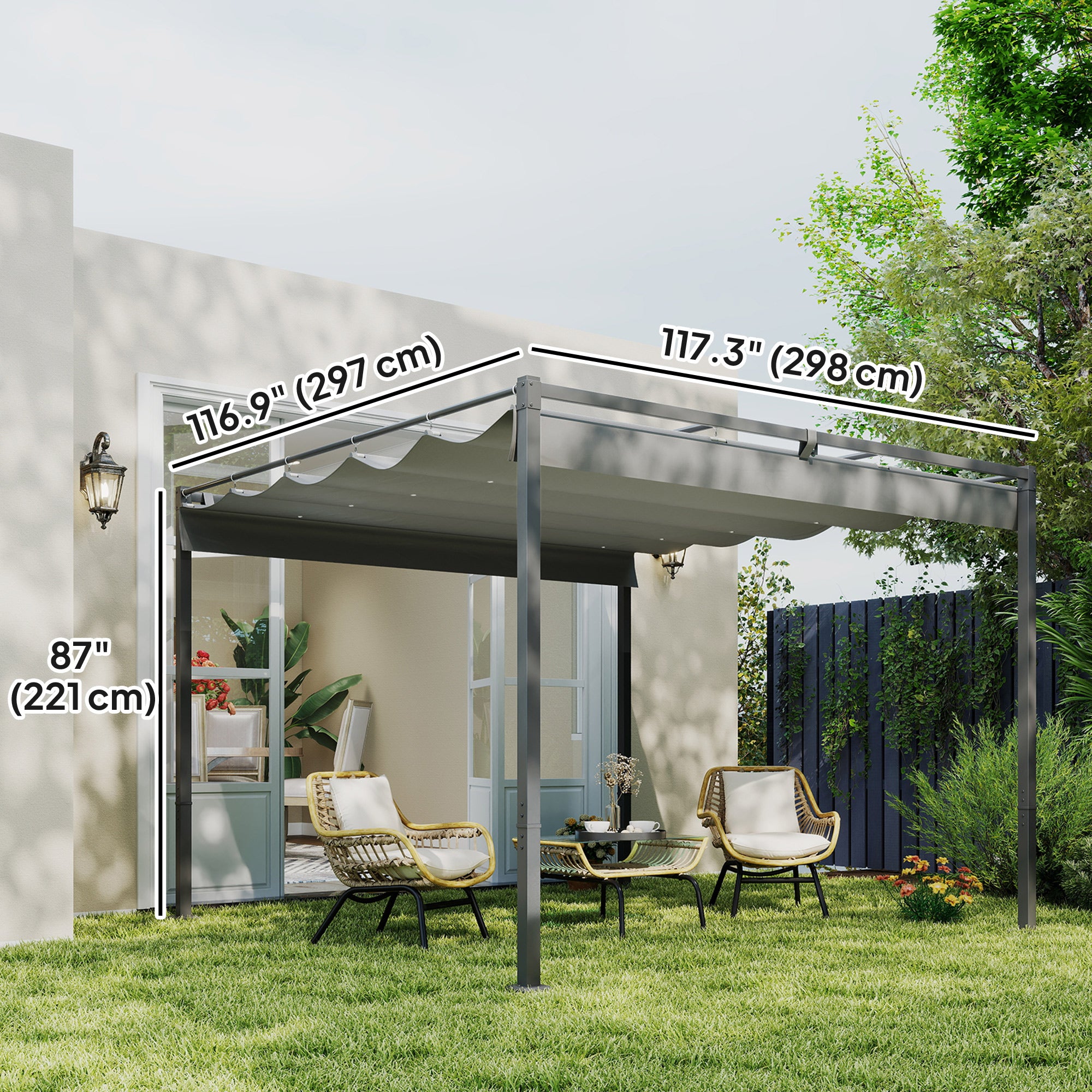 Outdoor Gazebo, Retractable Pergola 10x10 ft, UPF30+ Grey Metal Canopy-DECOROLALA