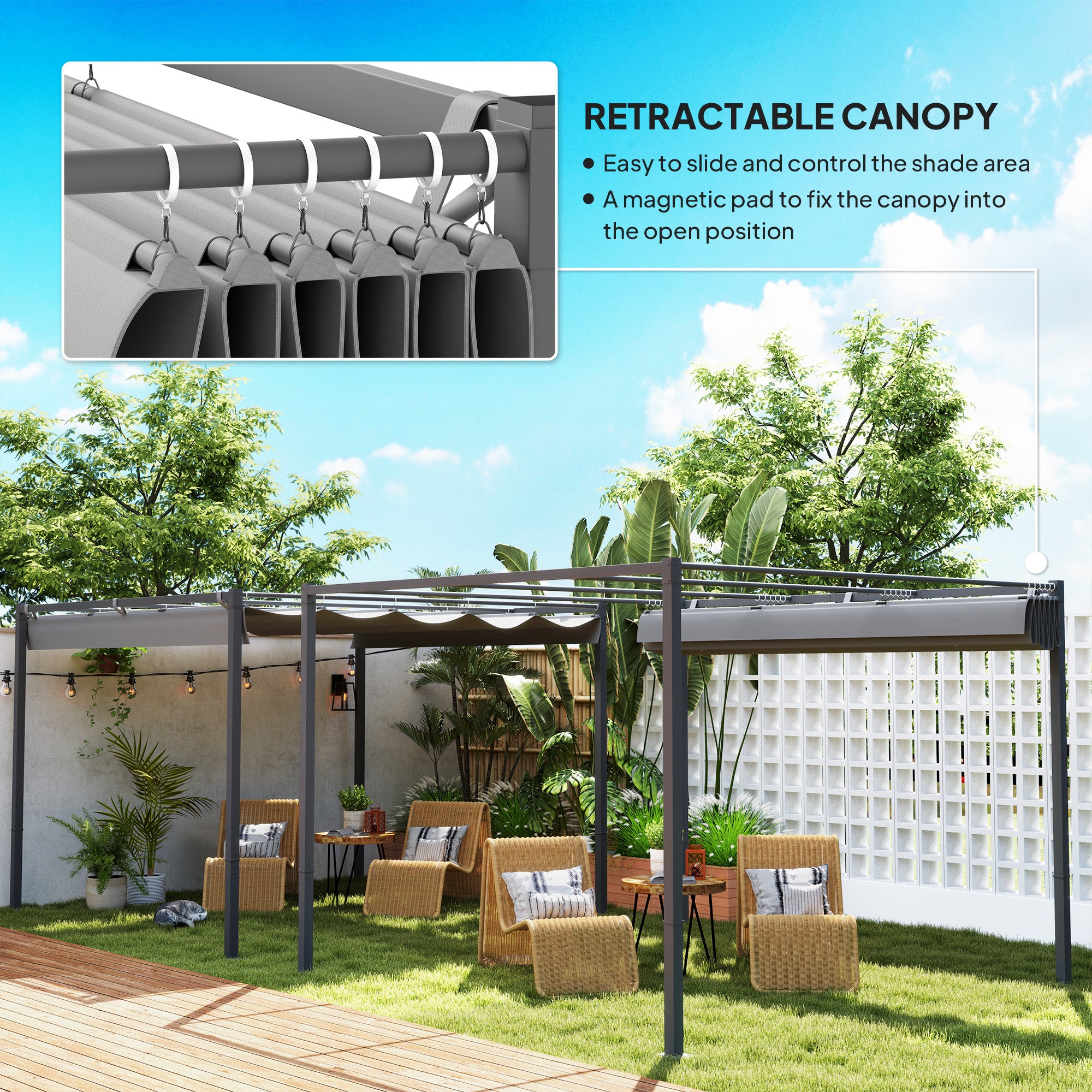Outdoor Gazebo, Retractable Pergola 10x10 ft, UPF30+ Grey Metal Canopy-DECOROLALA