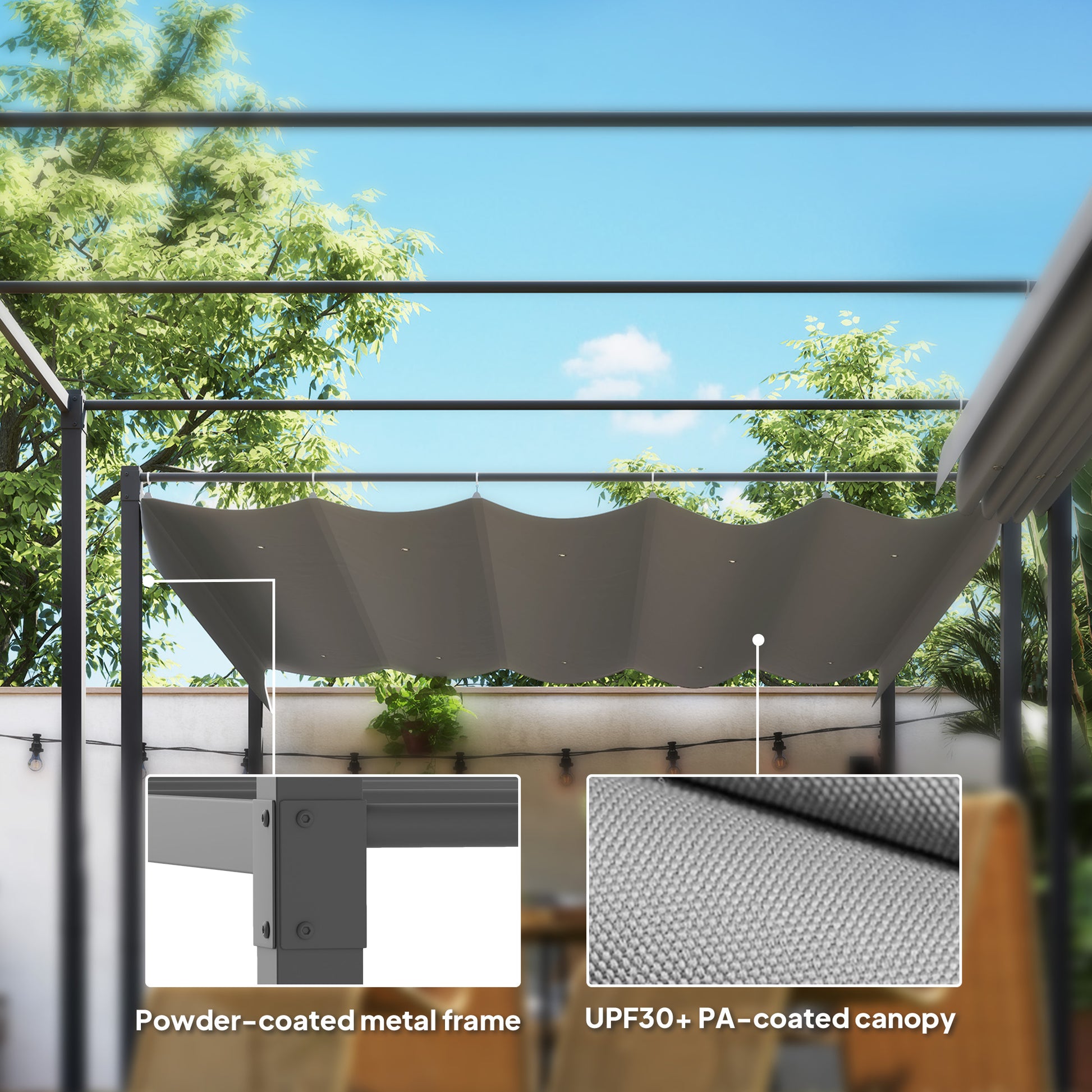 Outdoor Gazebo, Retractable Pergola 10x10 ft, UPF30+ Grey Metal Canopy-DECOROLALA
