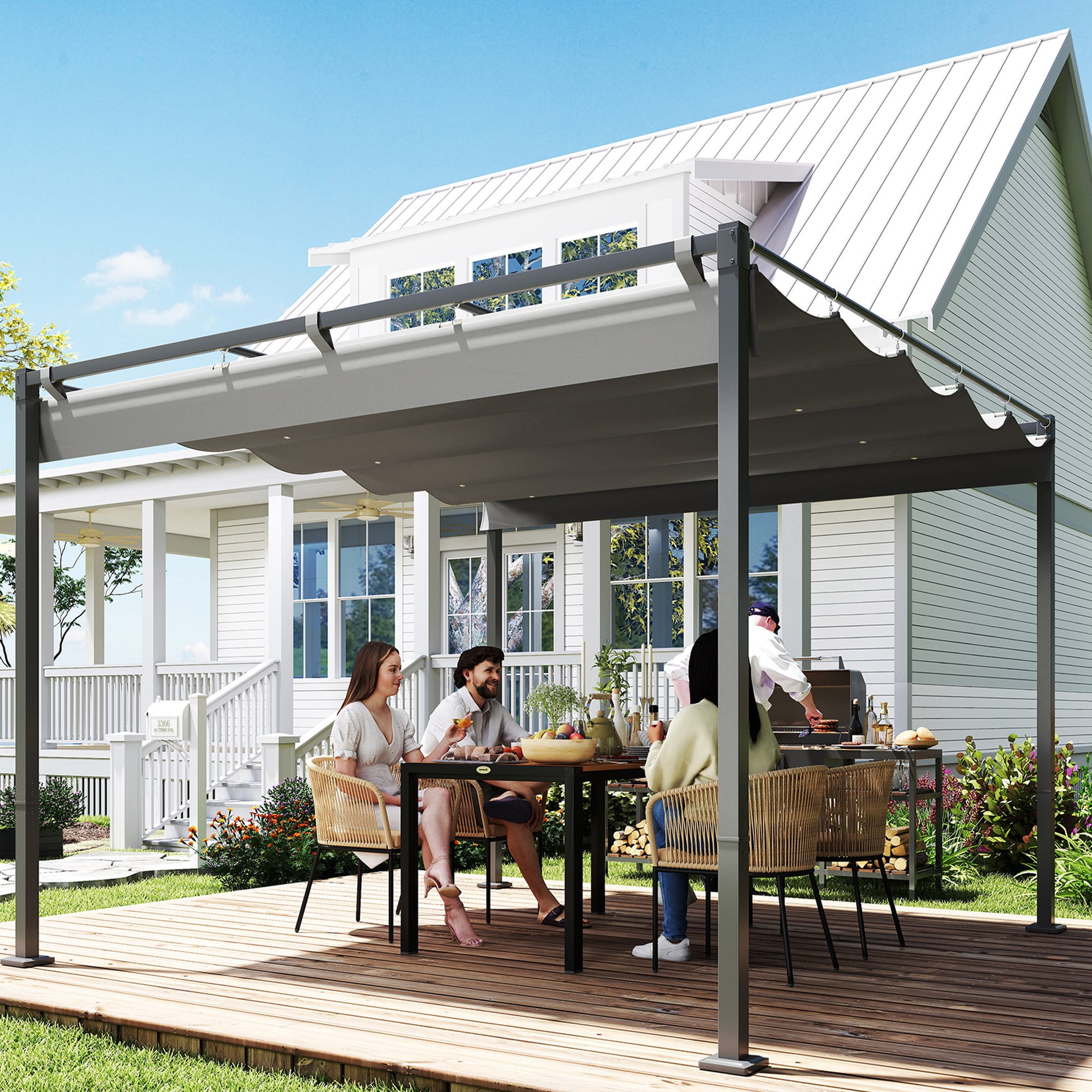 Outdoor Gazebo, Retractable Pergola 10x10 ft, UPF30+ Grey Metal Canopy-DECOROLALA