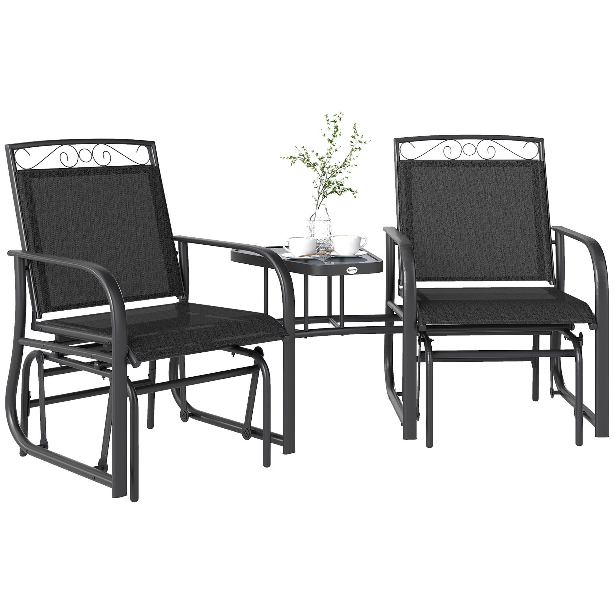 Outdoor Glider Bench Black, Patio 2-Seat Swing Loveseat with Table, Breathable Mesh Fabric-DECOROLALA