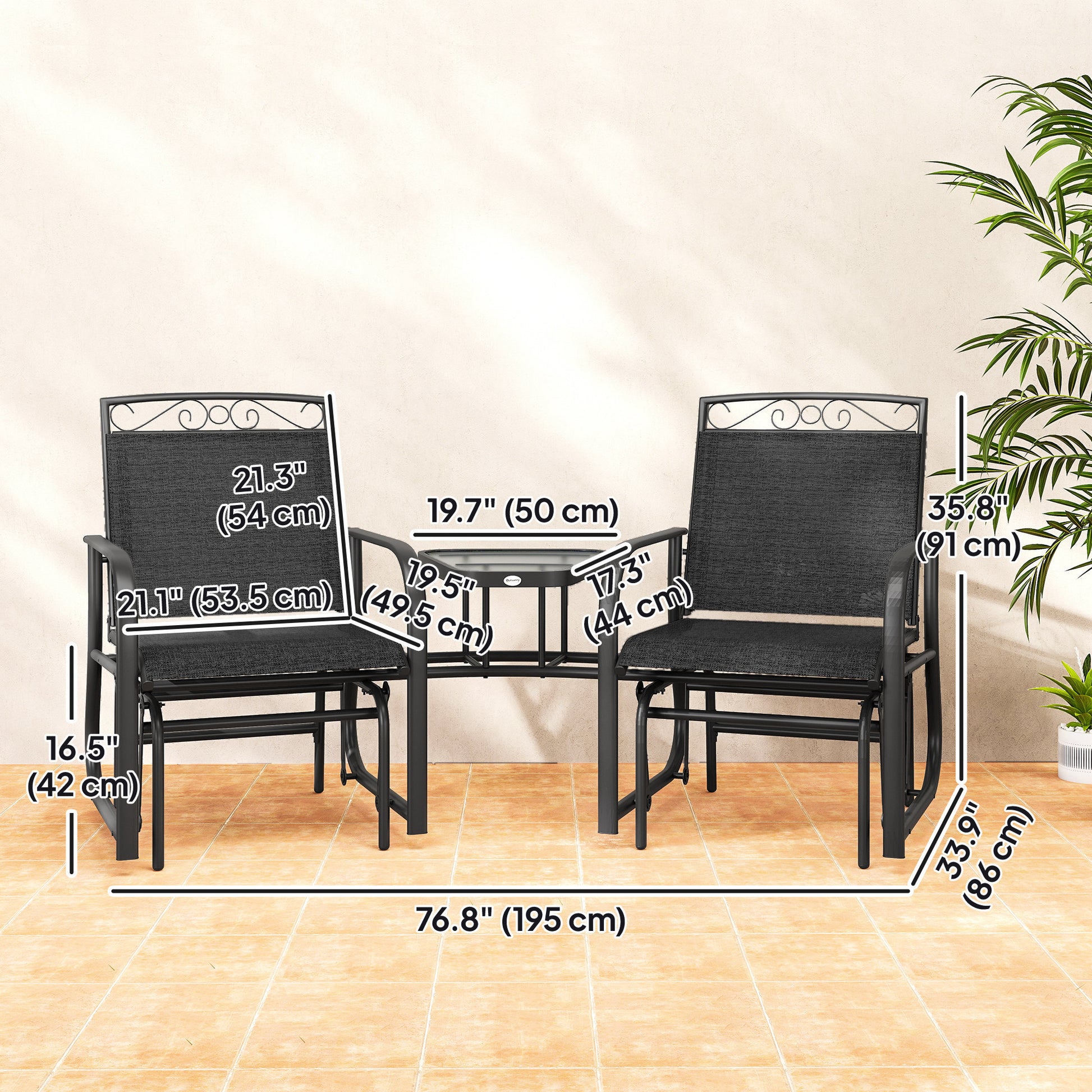 Outdoor Glider Bench Black, Patio 2-Seat Swing Loveseat with Table, Breathable Mesh Fabric-DECOROLALA