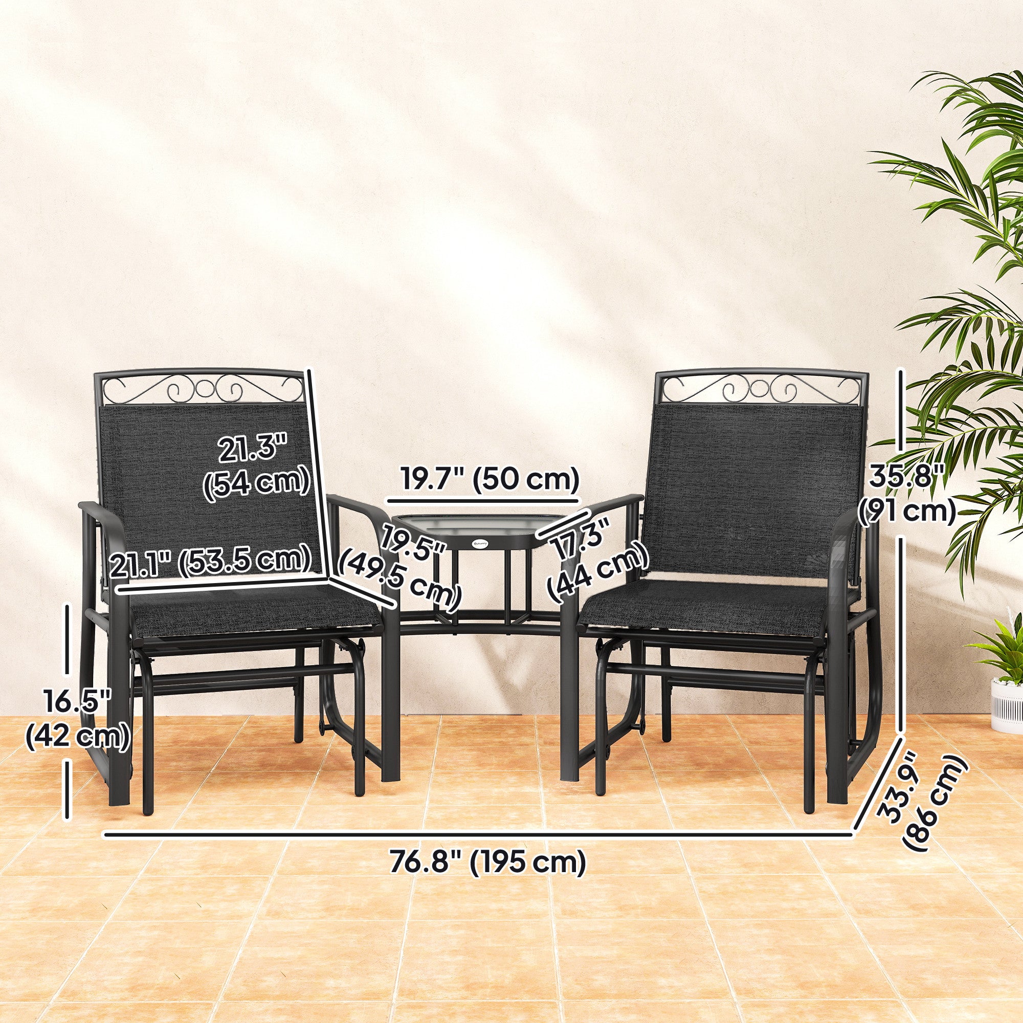 Outdoor Glider Bench Black, Patio 2-Seat Swing Loveseat with Table, Breathable Mesh Fabric-DECOROLALA