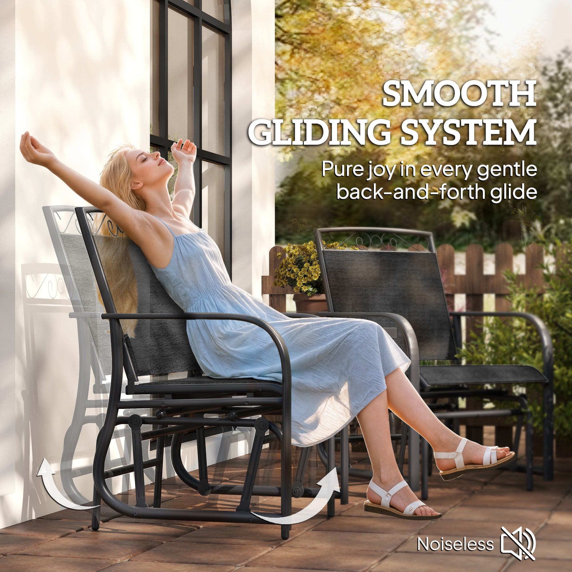 Outdoor Glider Bench Black, Patio 2-Seat Swing Loveseat with Table, Breathable Mesh Fabric-DECOROLALA