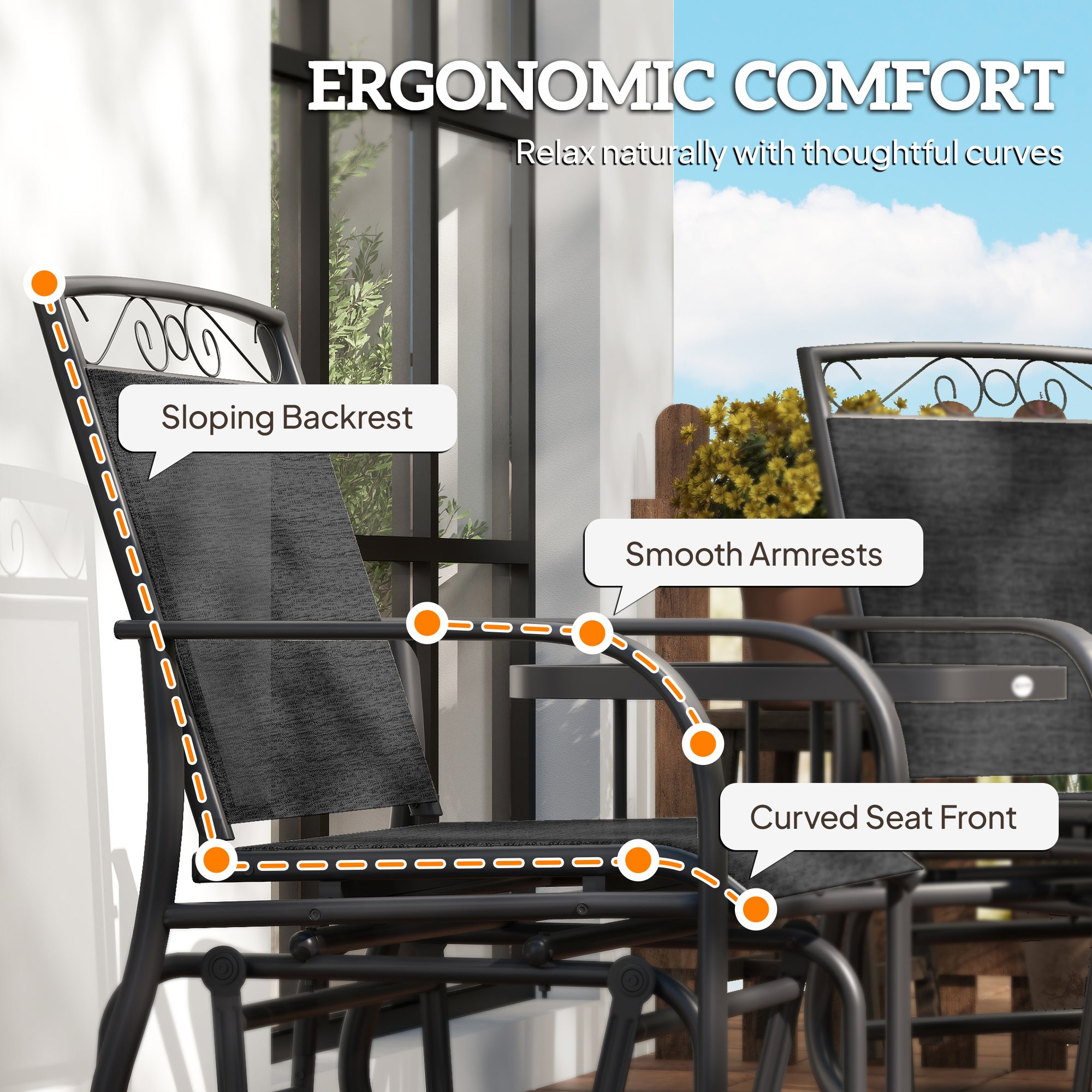 Outdoor Glider Bench Black, Patio 2-Seat Swing Loveseat with Table, Breathable Mesh Fabric-DECOROLALA