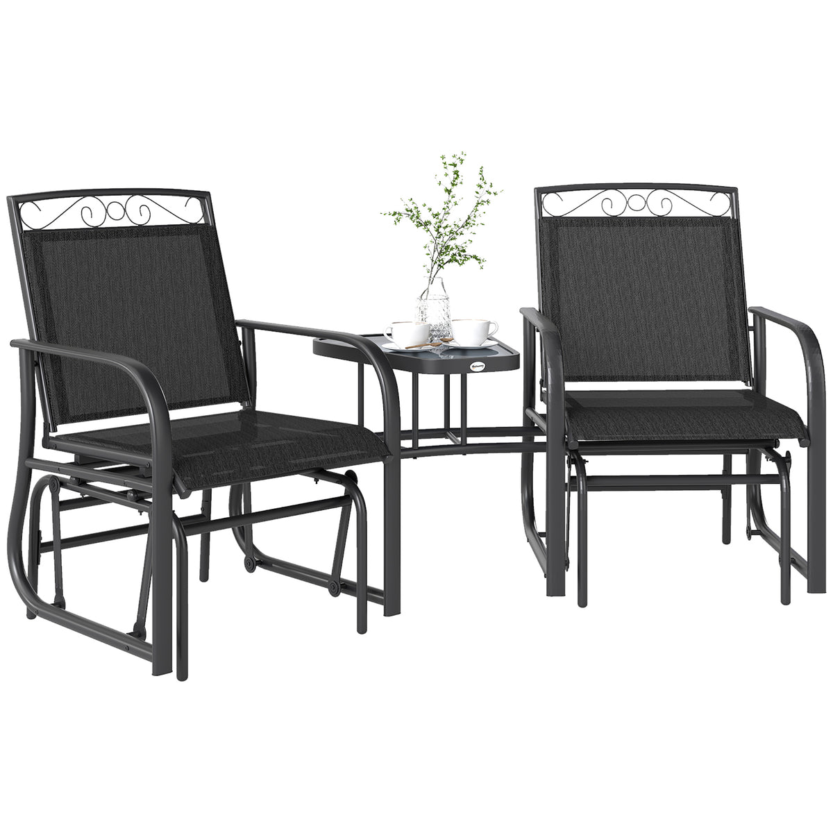 Outdoor Glider Bench Black, Patio 2-Seat Swing Loveseat with Table, Breathable Mesh Fabric-Outdoor Benches-DECOROLALA