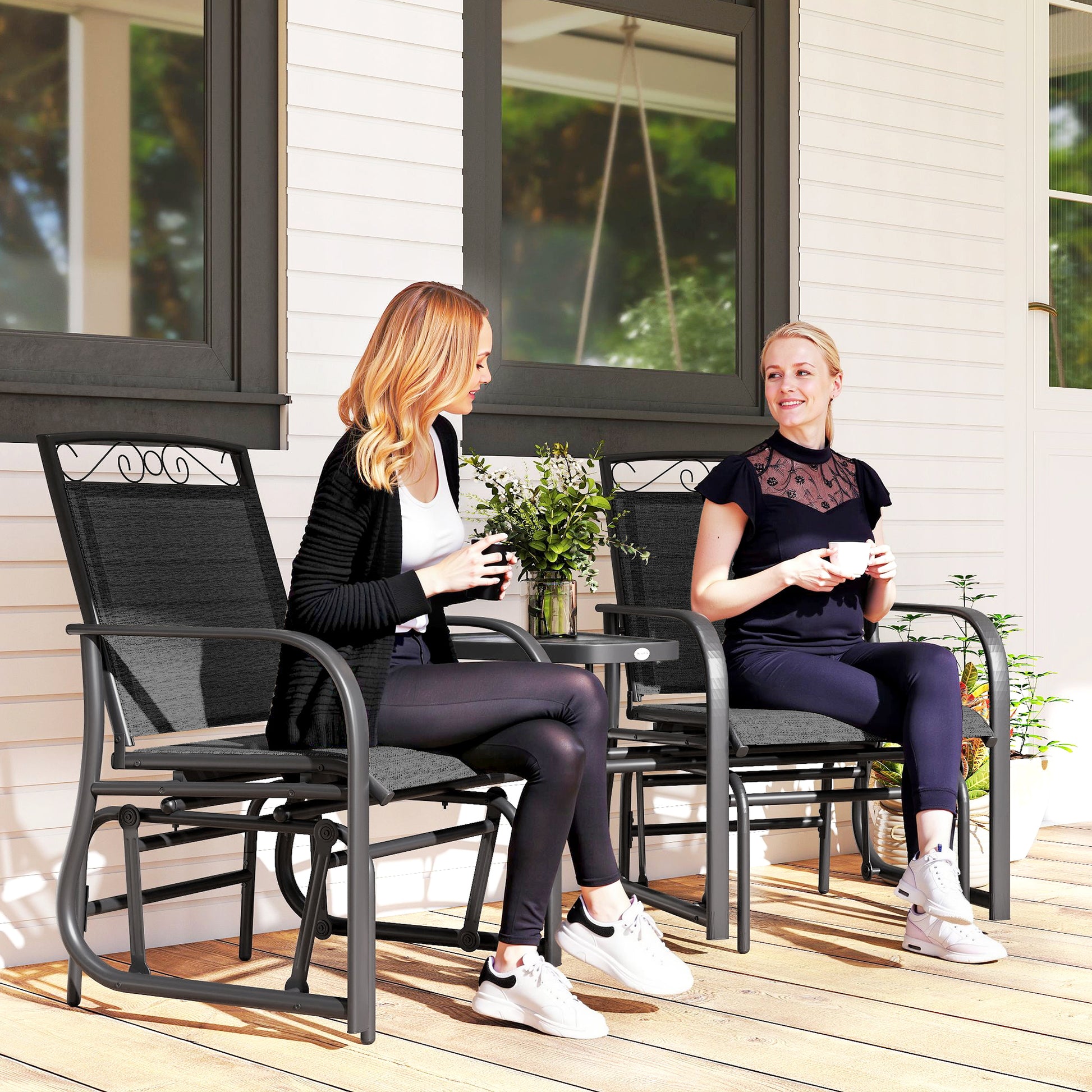 Outdoor Glider Bench Black, Patio 2-Seat Swing Loveseat with Table, Breathable Mesh Fabric-DECOROLALA