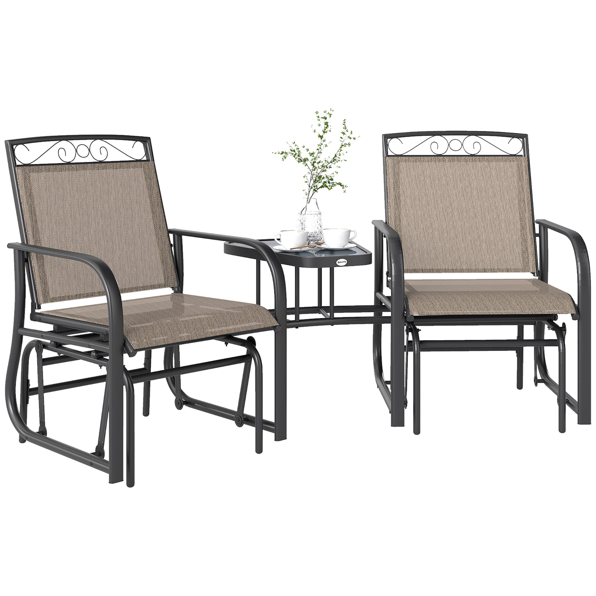 Outdoor Glider Bench Brown, Patio 2-Seat Rocking Chair with Table, Breathable Fabric-DECOROLALA